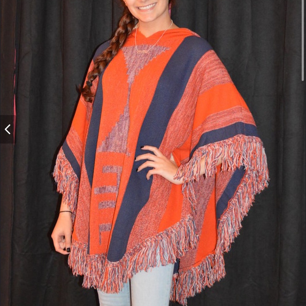 Vintage Havana Orange and Navy Fringe Poncho Sweater